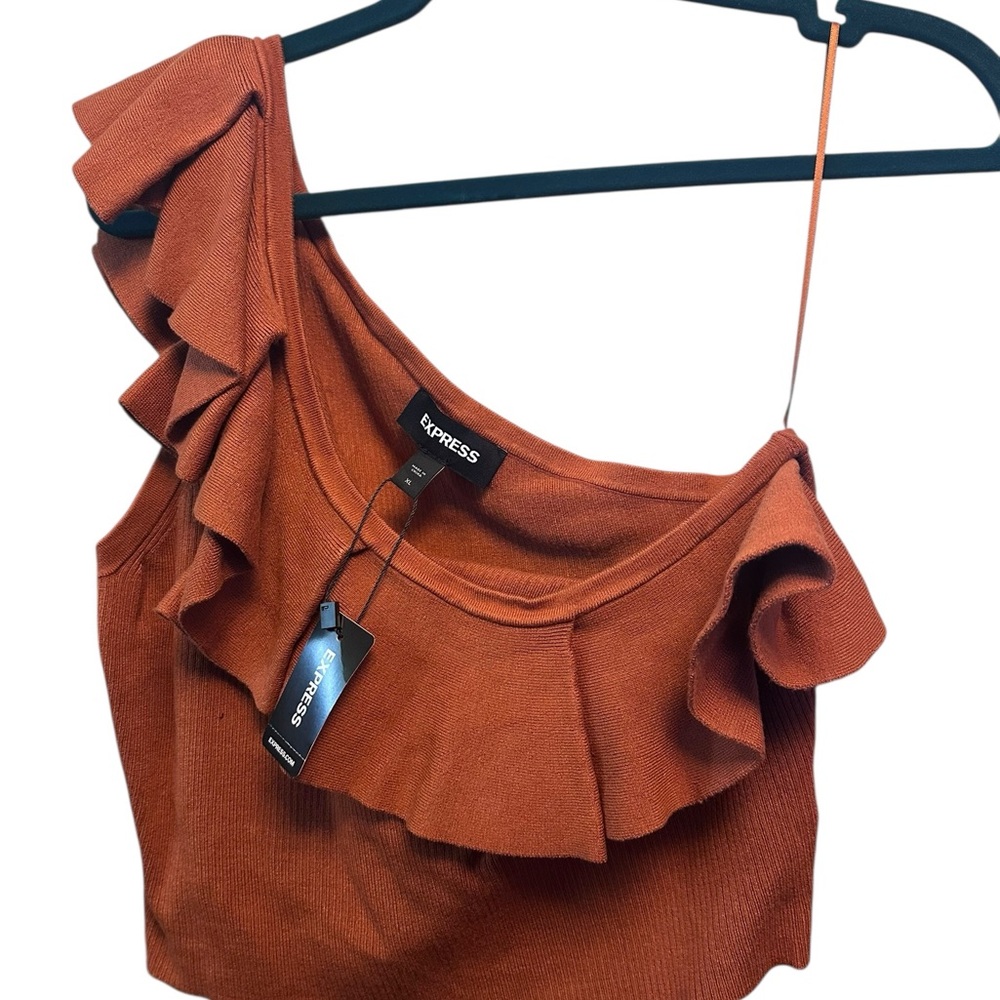 NWT Rust Ruffle One-Shoulder Crop Top - Picture 2 of 4